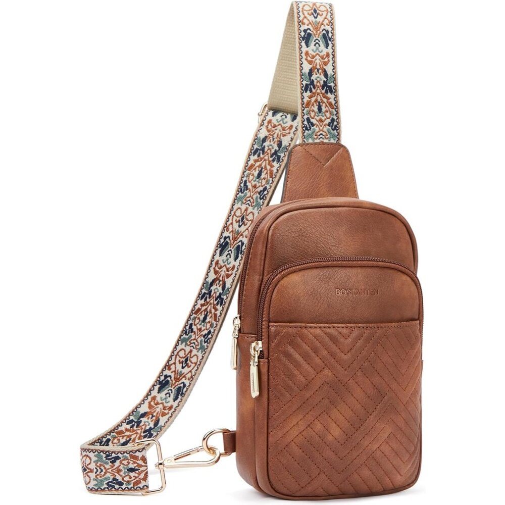 💫 Women Brown Leather Fanny Pack Quilted Adjustable Guitar Strap Crossbody Bags
